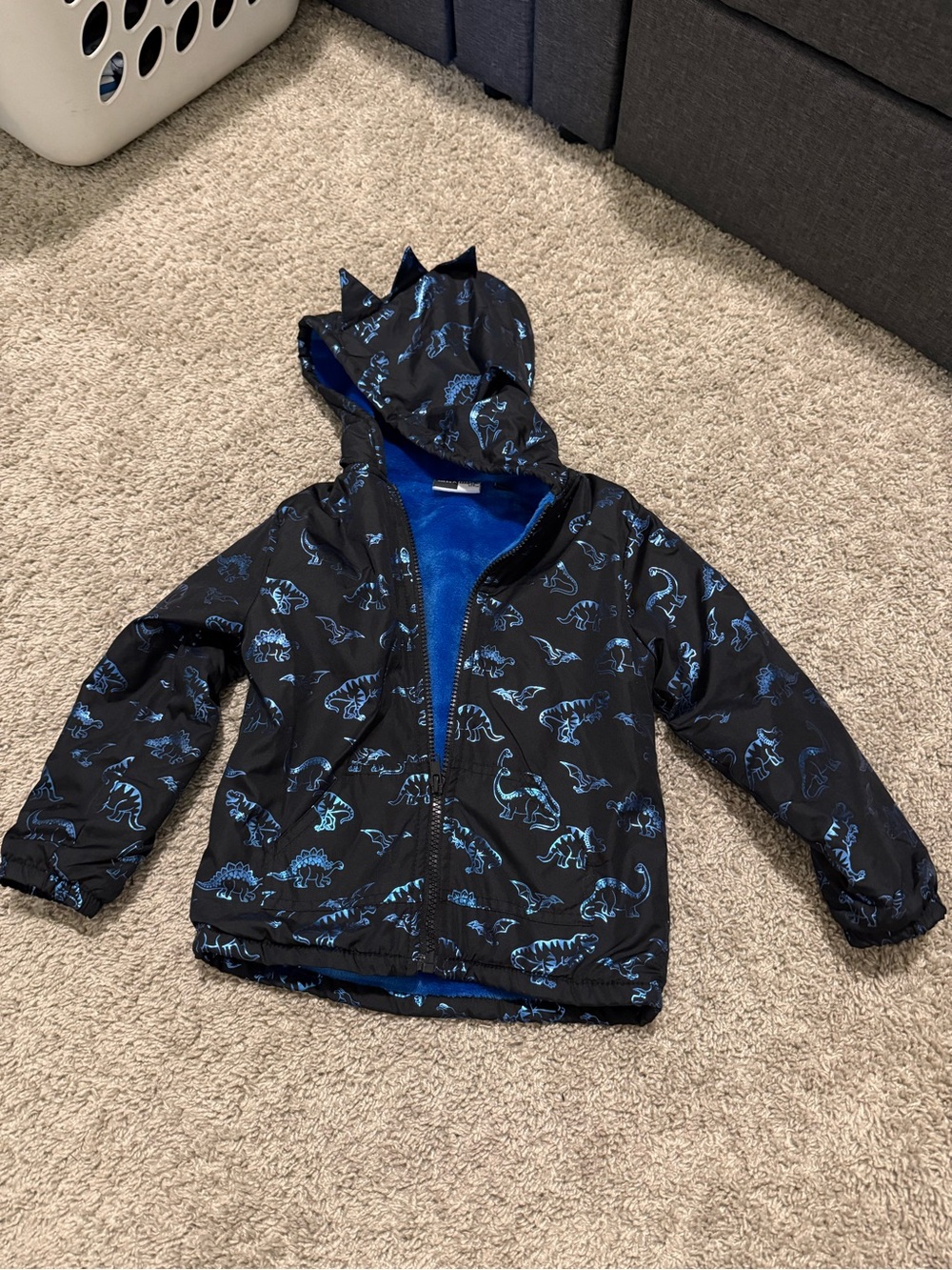 Kids' Black Dino Puffer Jacket with Blue Lining